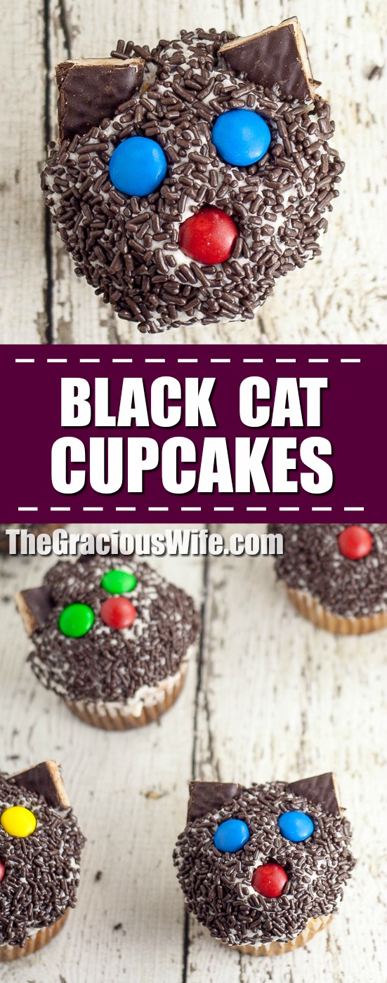 Black Cat Cupcakes Tutorial - Black Cat Cupcakes make a fun and easy non-spooky Halloween treat for kids! They're easy enough that anyone can make them! Fun project for kids to help with! Fun, quick and easy Halloween treats for kids! 