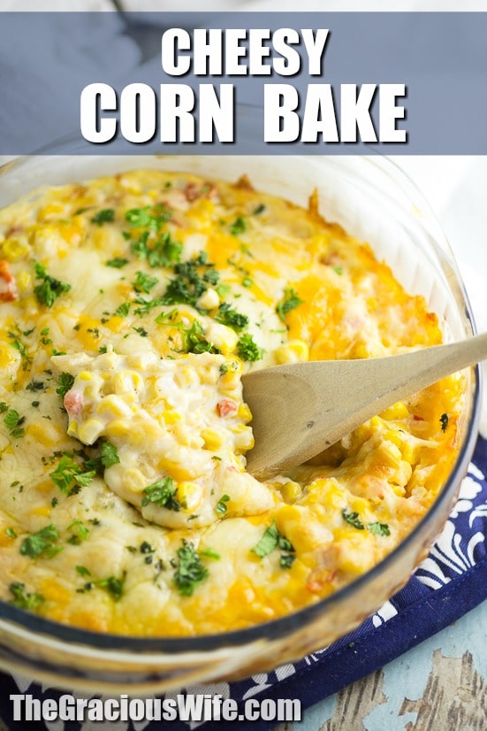 Cheesy Corn Bake Recipe - This Cheesy Corn Bake recipe is creamy, cheesy, and warm. Basically your perfect casserole and comfort food dream! Perfect for a hearty side dish at home, or a dish to pass at a potluck or holiday dinner! Ooooh. This would be an amazing Thanksgiving side dish too!