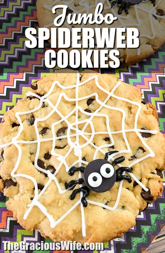 Jumbo Spiderweb Cookies Recipe for Halloween - Jumbo Spiderweb Cookies are a fun, quick, and easy Halloween treat for kids.  They're big enough to share and made with the all-time BEST chocolate chip cookies recipe. How fun! My kids will love these! Definitely making for their Halloween party treat!