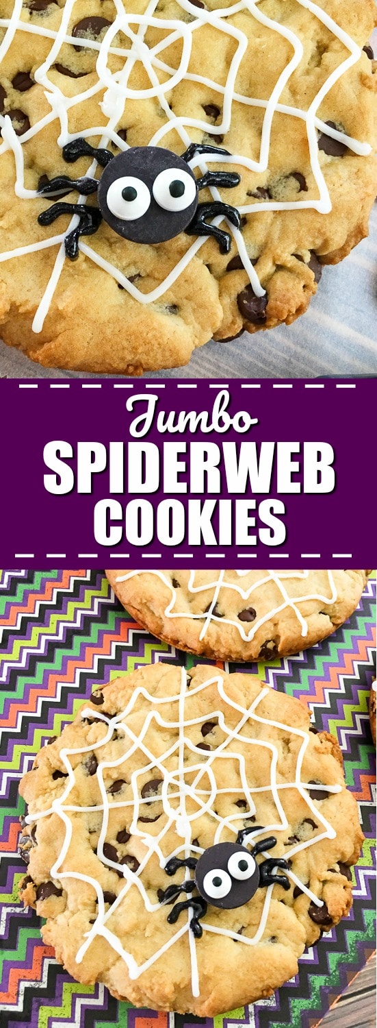Jumbo Spiderweb Cookies Recipe for Halloween - Jumbo Spiderweb Cookies are a fun, quick, and easy Halloween treat for kids.  They're big enough to share and made with the all-time BEST chocolate chip cookies recipe. How fun! My kids will love these! Definitely making for their Halloween party treat!