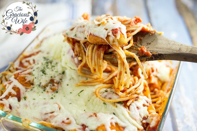 Chicken Parmesan Spaghetti Bake - 8 Ways to Transform Chicken Nuggets into Dinner in 5 Ingredients or Less - Use these 8 Ways to Transform Chicken Nuggets into Dinner in 5 Ingredients or Less with 8 different easy recipes to change up a favorite into a quick and easy family dinner. 