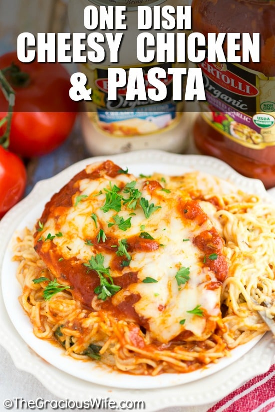 One Dish Baked Cheesy Chicken and Pasta Recipe - One Dish Baked Cheesy Chicken and Pasta with a creamy tomato marinara pasta, spinach, mozzarella, and Parmesan topped with juicy chicken breast.  Mix it all together and bake for a simple, easy and delicious one dish meal!