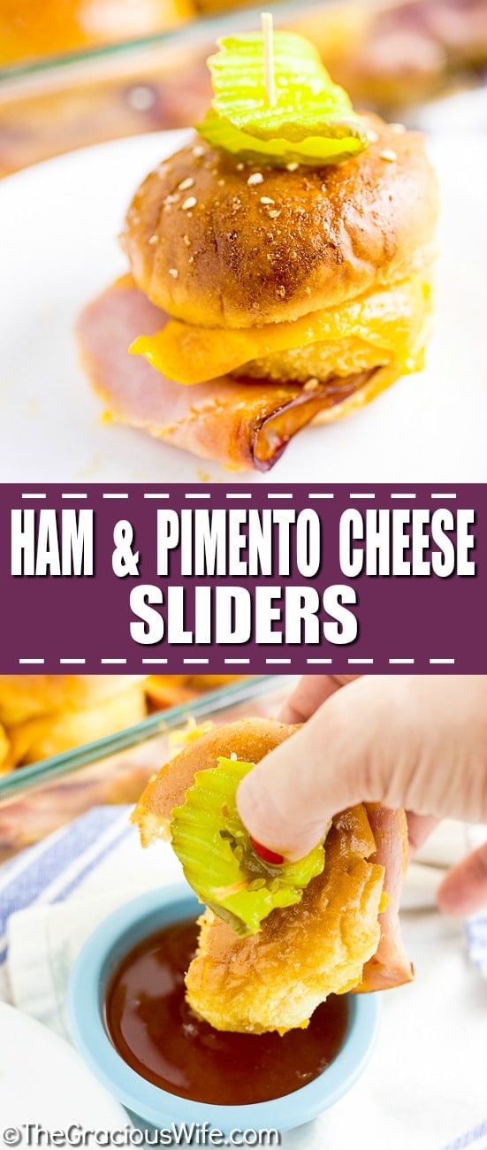Warm and gooey Ham and Pimento Cheese Sliders take just 5 minutes to prep! Buttery sweet buns, salty ham, creamy and zesty Pimento Cheese Bites make a flavorful explosion in your mouth.  Dip them in the sweet and tangy Red Pepper Jelly sauce to take them from great to drool-worthy. These sliders make an amazing quick and easy snack or easy appetizer. So. Good.