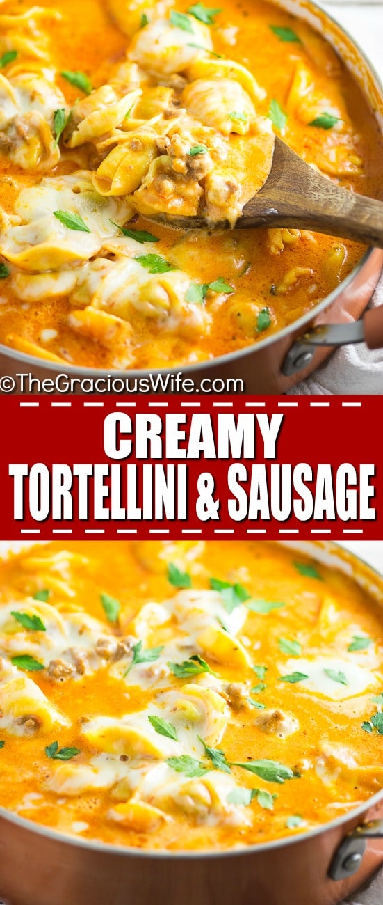 Italian sausage and tortellini nestled in a creamy tomato sauce and topped with gooey mozzarella cheese in this Creamy Sausage and Tortellini make a quick and easy pasta dinner that the whole family will love! A delicious one pan meal that combines the tender, cheese filled pasta with savory sausage and wraps it all in a creamy cheesy tomato sauce. One bite and you'll wonder where it's been all your life!