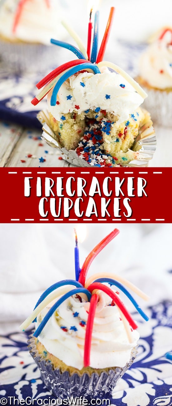 These quick and easy Firecracker Cupcakes are so fun and perfect for 4th of July and Memorial Day! These firecracker cupcakes are super festive for celebrating all summer long with a surprise of sprinkles in the middle! Make this 4th of July dessert today!