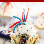 Firecracker Cupcakes are so fun and perfect for celebrating summer! They're made with a moist vanilla cupcake with a festive surprise inside and topped with vanilla buttercream, sprinkles, and an edible firework. These are perfect for Memorial Day and 4th of July treats!
