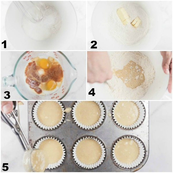Collage of the steps stated below of how to bake firecracker cupcakes.