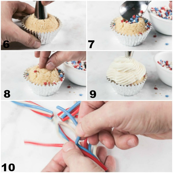 Collage of the steps stated below of how to decorate firecracker cupcakes.