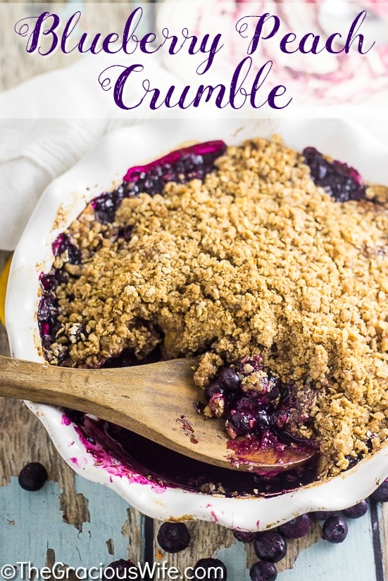 This stunning summer fruit crumble has it all! Blueberry Peach Crumble is bursting with fresh blueberries and peaches and covered with an amazing buttery cinnamon and brown sugar oatmeal crumble for a tangy, sweet, and fresh dessert. A big scoop of cold creamy vanilla ice cream on top is a must!