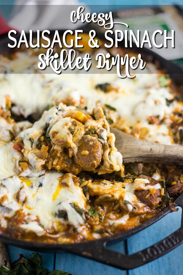 Zesty spinach chicken sausage and fresh veggies in a vibrant tomato sauce and covered in cheese in this Cheesy Chicken Sausage and Spinach Skillet Dinner recipe for an easy family dinner made in just one skillet in 30 minutes. This quick and easy sausage, veggie and rice skillet is downright delicious!