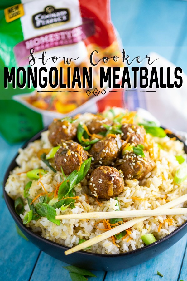 Slow Cooker Mongolian Meatballs are a super easy appetizer recipe featuring savory slow cooker meatballs in a sticky Mongolian glaze sauce.  This restaurant inspired recipe is a family favorite perfect for game day food, holiday appetizers for a crowd, or even served with rice for dinner.