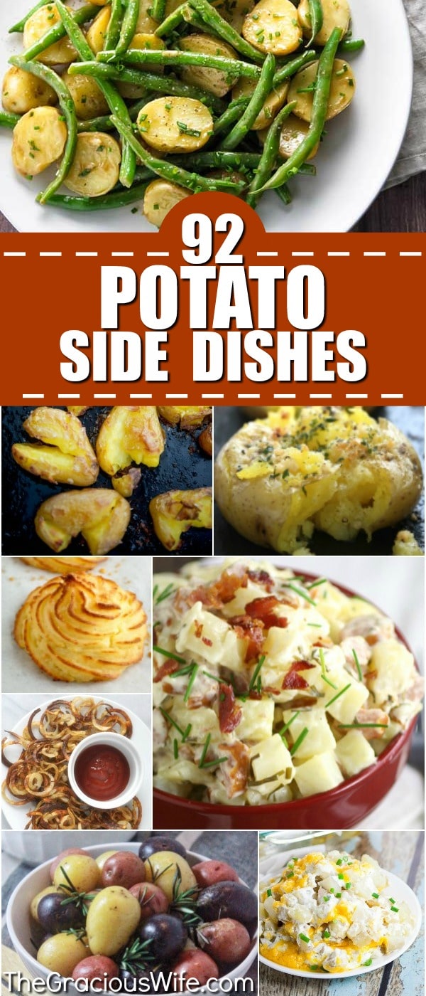 92 Potato Side Dish Recipes - Looking for new ways to serve up your classic favorite? Check out these 92 Potato Side Dish Recipes that are perfect for potlucks, picnics, holidays, and even just family dinner! So many amazing recipes! Mashed, stacks, roasted, scalloped, smashed, salad, au gratin, baked, cheesy, buttery, and more. Oohhh! These recipes would be amazing for potlucks, Thanksgiving, Easter, or Christmas.  All those pictures are making my mouth water!