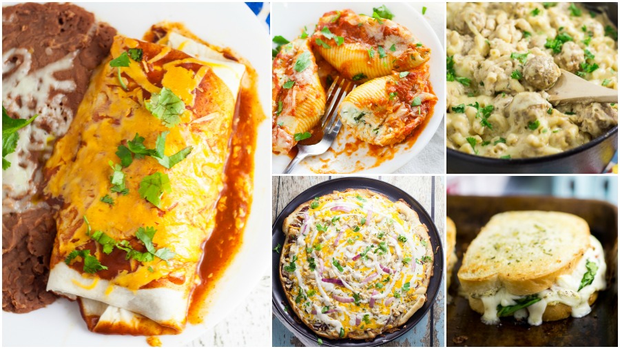 Comfort food recipes found on The Gracious Wife, including a black bean and rice burrito, 5 cheese stuffed shells, Swedish meatball mac and cheese, barbecue ranch chicken pizza, and 5 cheese white pizza grilled cheese