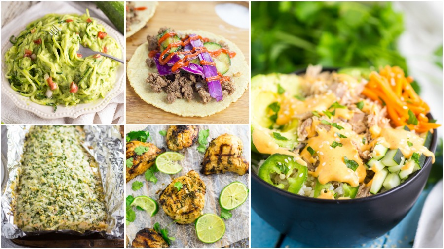 Healthy meal recipes found on The Gracious Wife including creamy avocado zoodles, asian tacos, parmesan garlic salmon, grilled cilantro chicken, and spicy tuna roll bowl