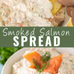 Collage with a bagel chip dipping into smoked salmon dip on top, smoked salmon dip garnished with smoked salmon slices and a sprig of fresh dill on bottom, and the words "smoked salmon dip" in the center.