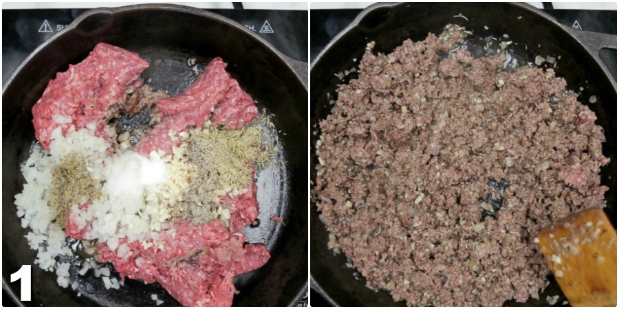 Browning ground beef and spices in a cast iron skillet