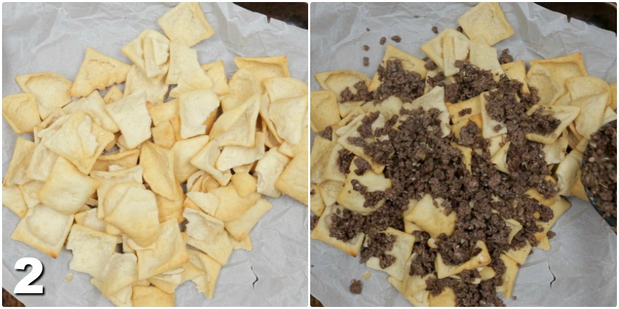 Pita chips and ground beef on parchment paper on a baking sheet