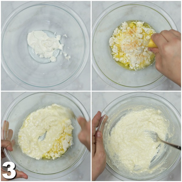 Collage of yogurt, feta, olive oil, and lemon being put into a clear glass bowl and mixed until smooth