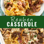 Reuben casserole collage with a plate of the casserole on top and the casserole in the baking dish on the bottom with the words "Reuben Casserole" in the center.