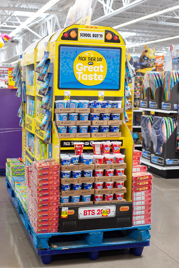 Back to school snack display shaped like a school bus 