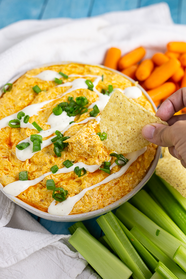 Crockpot buffalo chicken dip in a white bowl with a chip being dipped in with celery, tortilla chips, and baby carrots on the side with a white linen and blue wood background