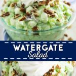 Creamy Watergate salad is a quick and easy dessert made with whipped cream, pistachio pudding, pineapple, and marshmallows. A crazy combination that's a real hit at parties and gatherings.