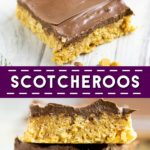 Easy, no bake Scotcheroos are chewy, sweet cereal bars with bold flavors like peanut butter, chocolate, and butterscotch, all in one decadent treat! This is the BEST recipe. They turn out so soft and gooey! Plus, video!