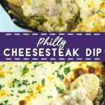 Philly Cheesesteak Dip is a warm, gooey deconstructed version of a sandwich classic. This creamy warm dip recipe is loaded with tender ribeye, fresh green peppers, sweet onions, and melted cheese. Perfect party and game day appetizer.