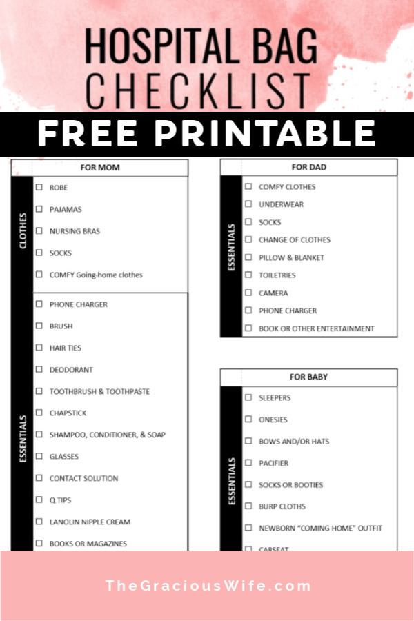 Picture of the printable hospital bag checklist with the print "Hospital Bag Checklist Free Printable" at the top and "TheGraciousWife.com" printed at the bottom.