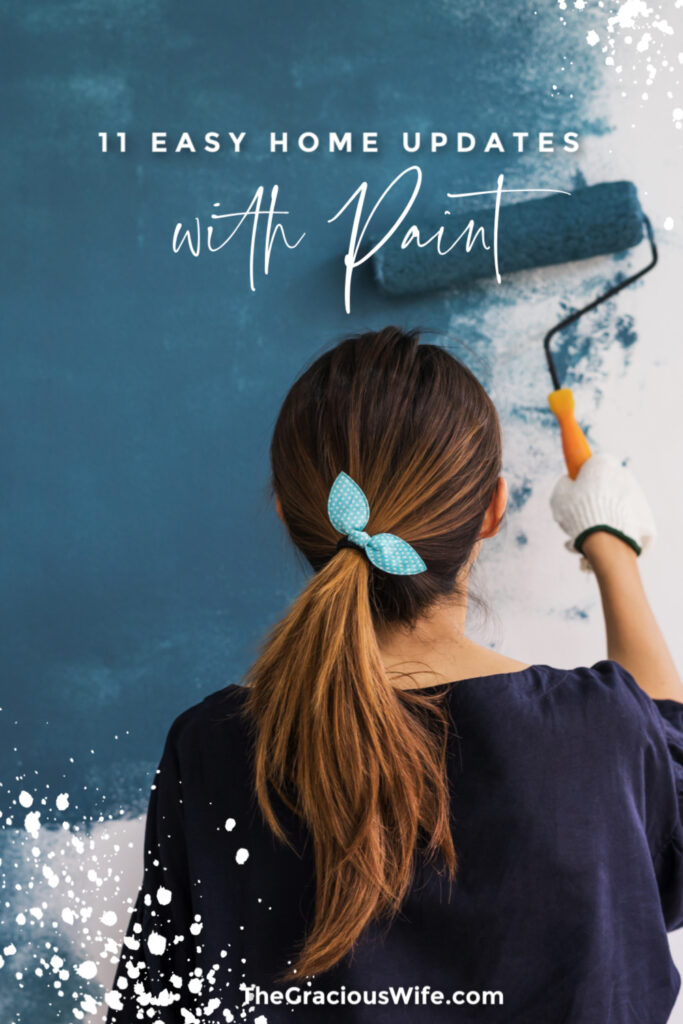 Girl with ponytail painting a wall with a paint roller
