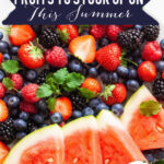 Watermelon and berries in a large bowl with mint leaves. Words on top reading