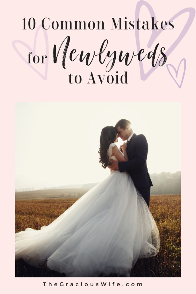 Photo of a man and woman couple in bridal clothing over a pink background that says "10 common mistakes for newlyweds to avoid" at the top
