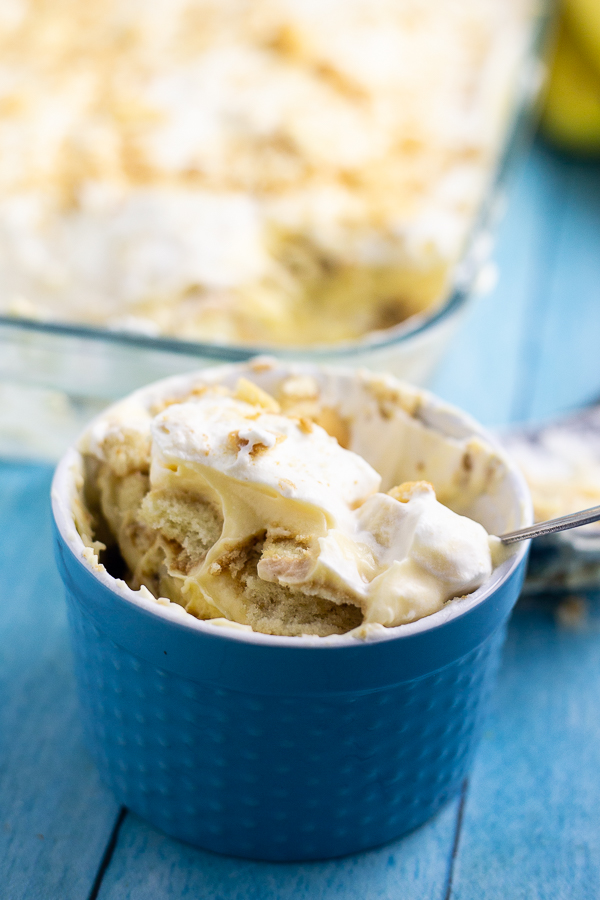 No Bake Banana Pudding in a ramekin with a spoon sticking out the side