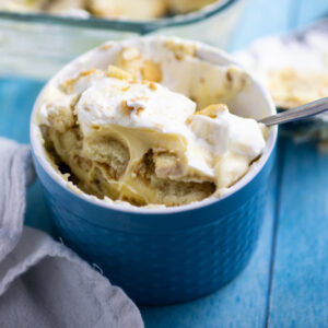 No Bake Banana Pudding in a ramekin with a spoon sticking out the side