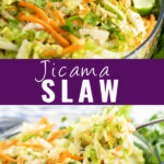 Collage of jicama slaw with a large bowl garnished with a lime on top, a spoon taking a scoop out of the same bowl on the bottom, and the words "jicama slaw" in the center