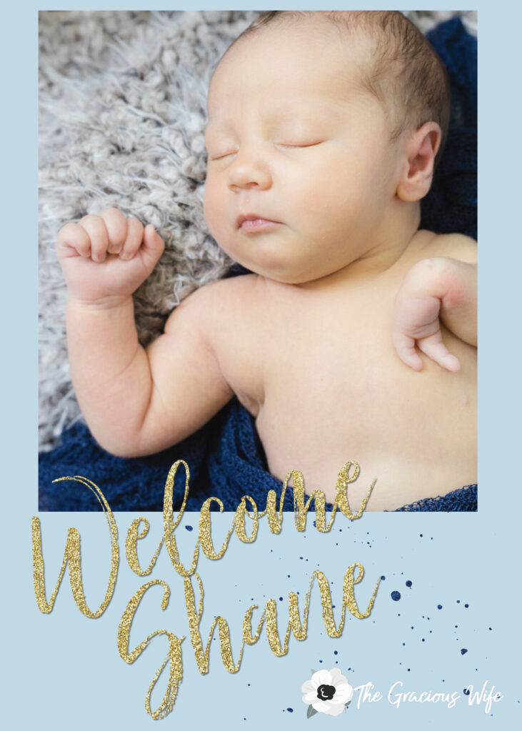 Picture of a baby with radial dysplasia with the words "welcome shane"
