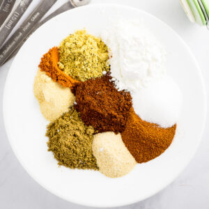 The spices and seasonings used to make fajita seasoning including chili powder, cumin, garlic powder, and more on a small white plate before being stirred together.
