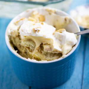 No Bake Banana Pudding in a ramekin with a spoon sticking out the side