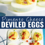 Collage with a close up side view of a pimento cheese deviled egg on top, an overhead view of 6 eggs on a tray, and the words "pimento cheese deviled eggs" in the center