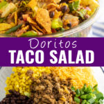 Collage of Dorito Taco salad with the whole salad tossed together in a glass bowl on top, the ingredients separated but in the same bowl on bottom, with the words "Doritos Taco Salad" in the center