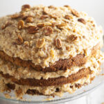 Coconut pecan frosting on top of a 3 layer German chocolate cake
