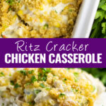 Collage with a close up of Ritz cracker chicken casserole on a wooden spoon in a casserole dish on top, the same casserole over rice on bottom, and the words "Ritz cracker chicken casserole" in the center