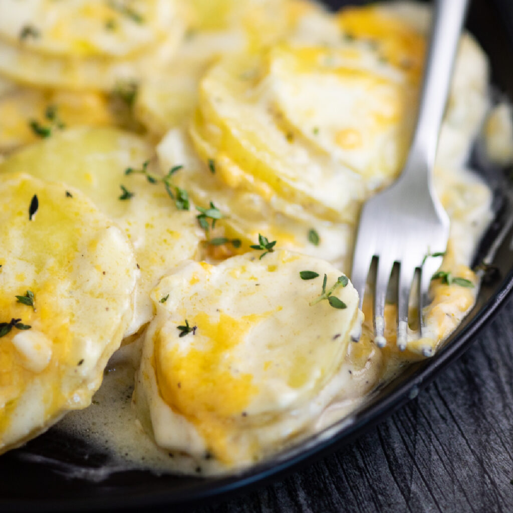 Cheesy slow cooker scalloped potatoes topped with fresh thyme on a plate next to a fork
