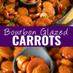 Collage with bourbon glazed carrots in a cast iron skillet on top, a close up with the carrots cut into coins on a silicone spoon on bottom, and the words "bourbon glazed carrots" in the center.