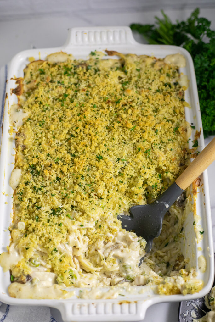 Chicken tetrazzini topped with a breadcrumb topping in a large white ceramic casserole dish with a wooden spoon in the middle