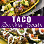 Collage with a close up of a taco zucchini boat being lifted from a baking sheet with a metal spatula on top, a zucchini boat topped with sour cream with a fork taking a bite off of it on the bottom, and the words "taco zucchini boats" in the center.