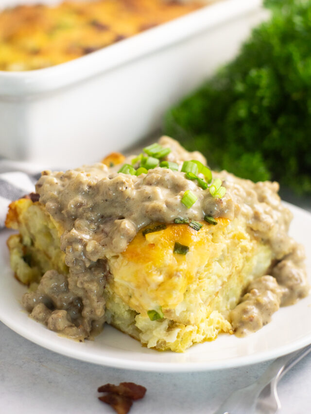 Hearty Tater Tot Breakfast Casserole with Sausage Gravy! The Gracious
