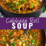 Collage with a black matte bowl full of cabbage roll soup with a spoon taking a bite out of it on top, a large pot full of the same soup with a silicone ladle in the center, and the words "cabbage roll soup" in the center.