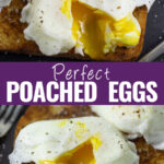 Collage with a poached egg cut open with the yolk running out on top, the same egg on bottom from a side angle, and the words "perfect poached eggs" in the center