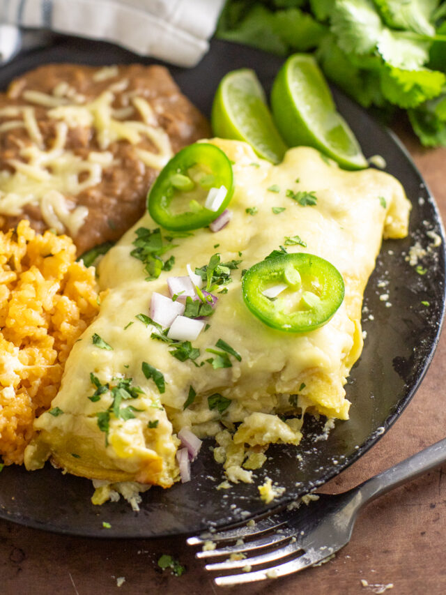 Cheesy Chicken Enchiladas Smothered in Rich Green Chile Sauce